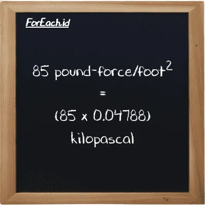 How to convert pound-force/foot<sup>2</sup> to kilopascal: 85 pound-force/foot<sup>2</sup> (lbf/ft<sup>2</sup>) is equivalent to 85 times 0.04788 kilopascal (kPa)